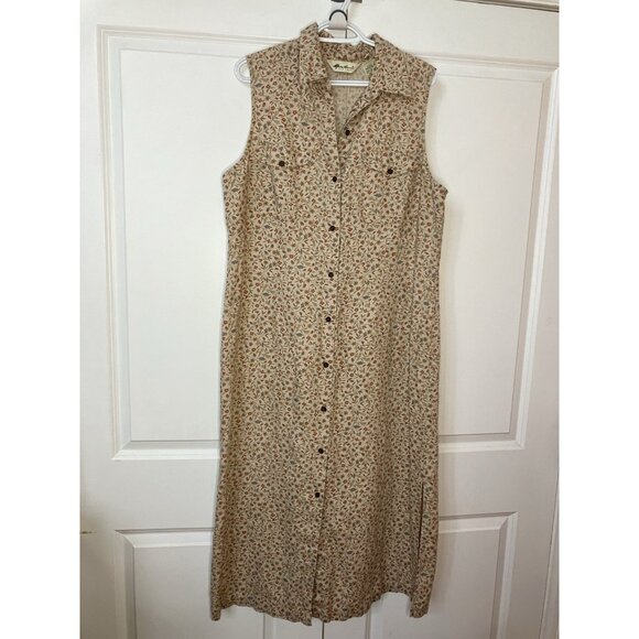 Vtg Eddie Bauer Maxi Dress Womens 18 Floral Linen Button Front Prairie Cottage - Picture 1 of 10
